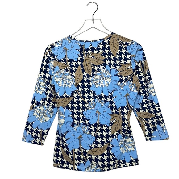 J.McLaughlin Catalina Cloth Top Small Blue Floral Houndstooth 3/4 Sleeve Preppy - Picture 2 of 10